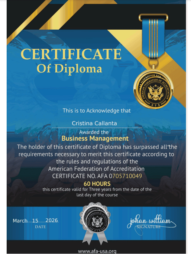 DTC Management Congratulates Cristina Callanta on Business Management Certification (AFA)