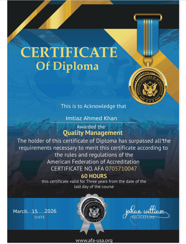 DTC Management Congratulates Imtiaz Ahmed Khan on Quality Management Certification (AFA)
