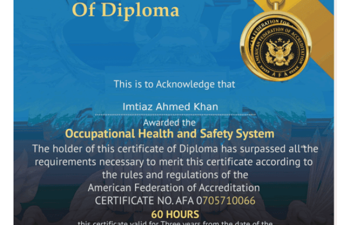 Imtiaz Ahmed Khan OHS certification